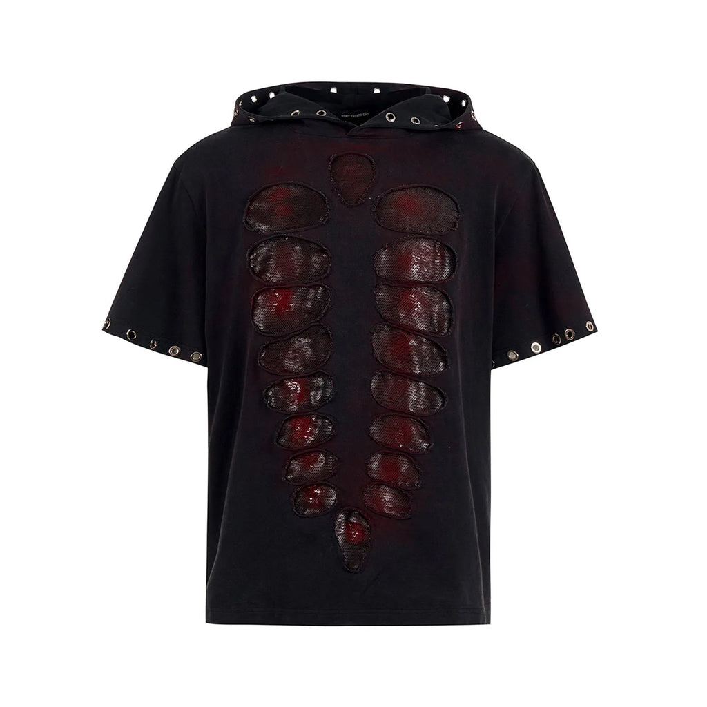 Black men's hooded T-shirt with sequin detailing and loose-fitting design