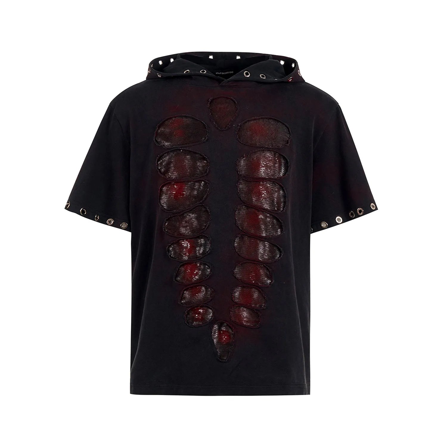 Black men's hooded T-shirt with sequin detailing and loose-fitting design