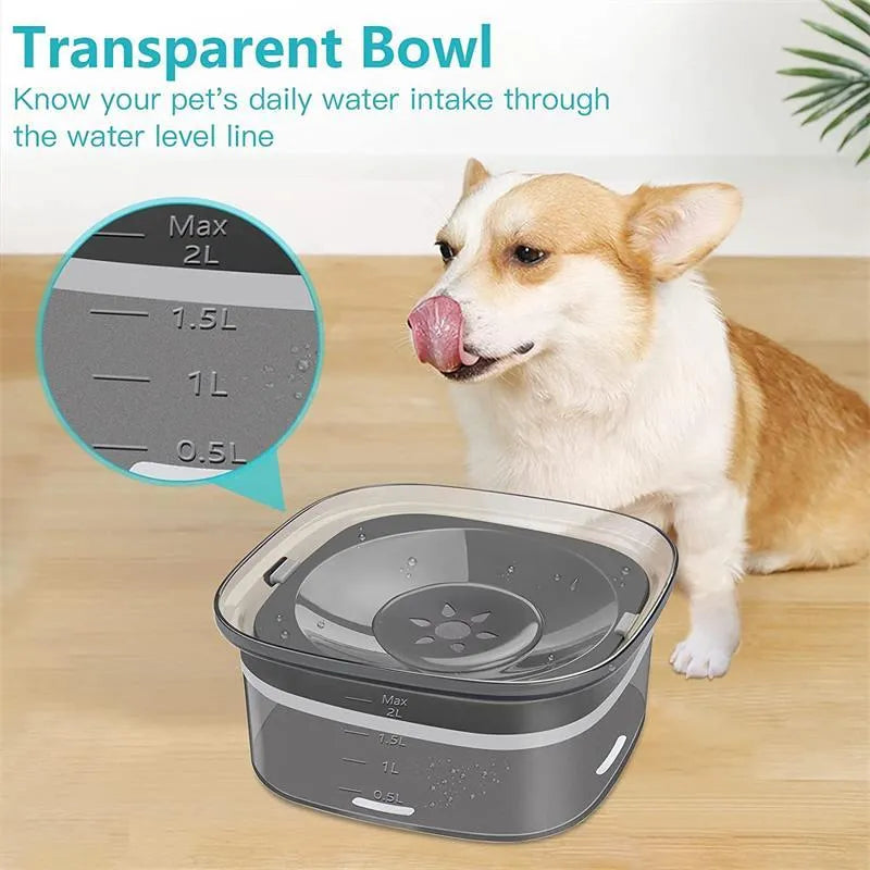 Large transparent pet water bowl with floating slow-feeder disk inside.
