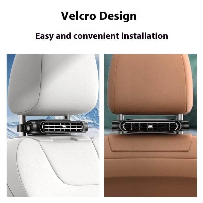 A compact, bladeless USB car fan with a Velcro strip, shown in beige, mounted on a car dashboard.