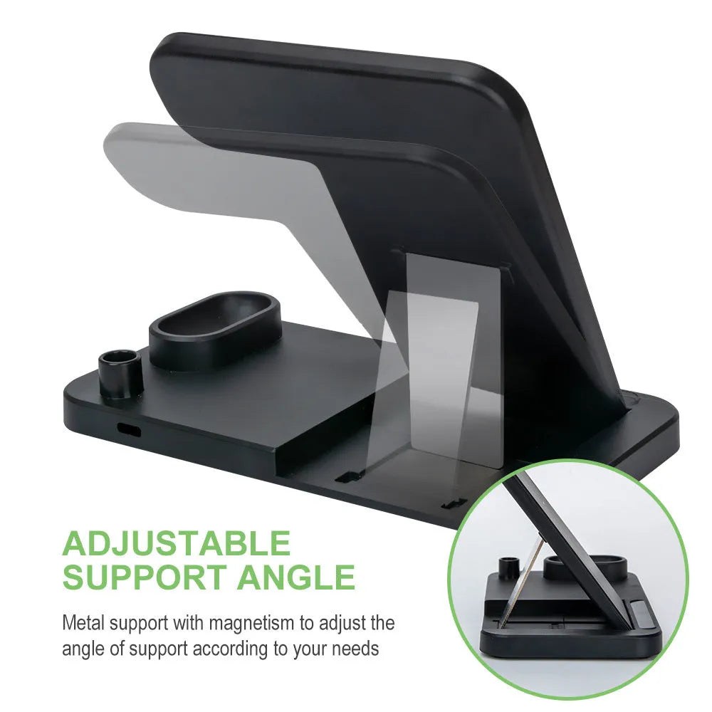 Folding 4-in-1 wireless charger in space grey, showing iPhone on vertical stand and Apple Pencil on magnetic charger.