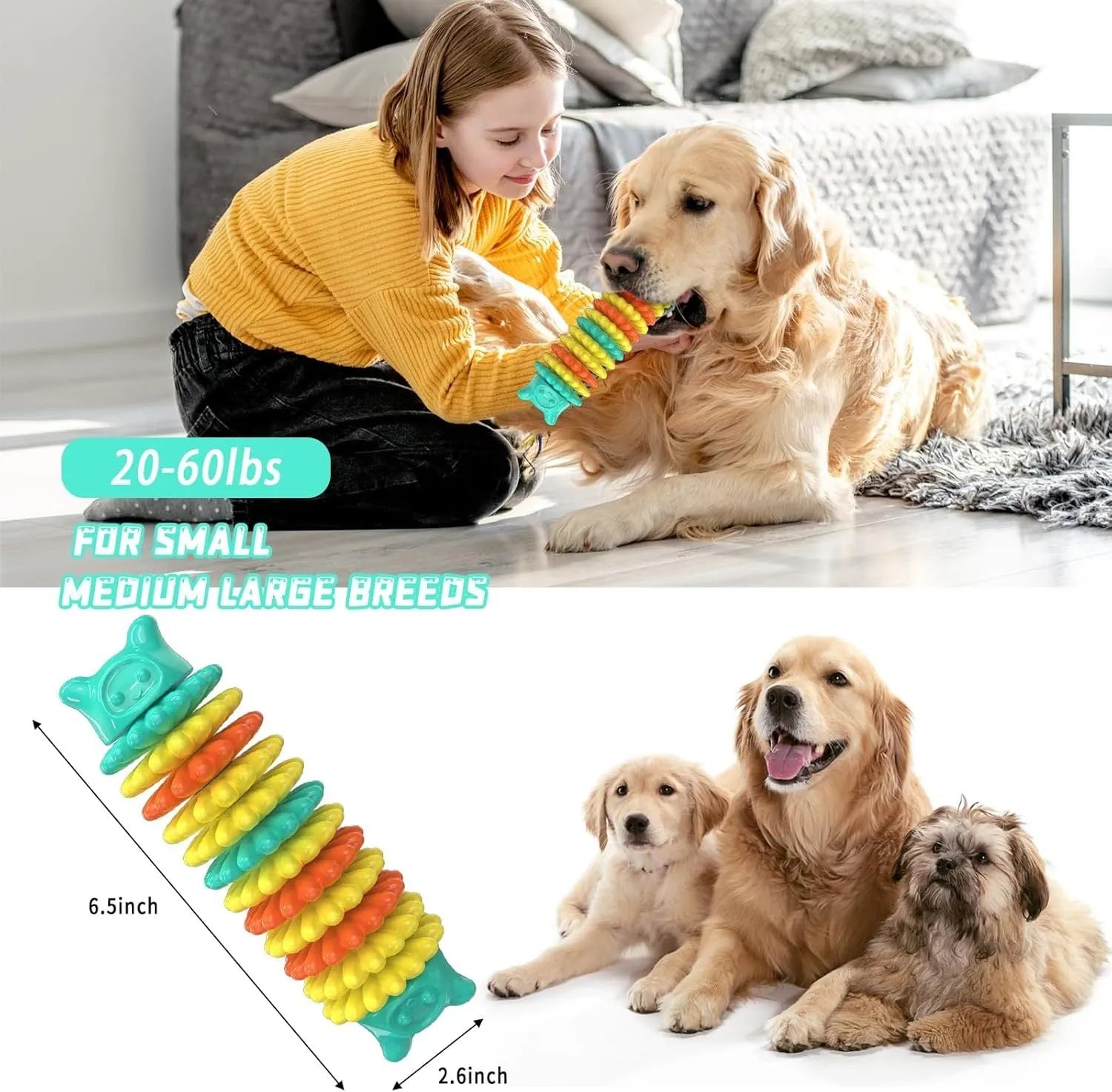 Blue caterpillar-shaped dog chew toy made from natural rubber for aggressive chewers.