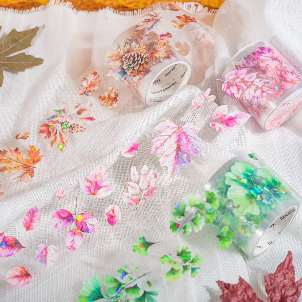 Roll of 40mm wide decorative stickers with autumn leaf designs including ginkgo and maple, 2 metres in length.
