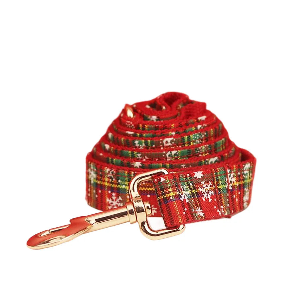 Red snowflake Christmas dog collar and leash set with plaid pattern four-piece holiday pet clothing