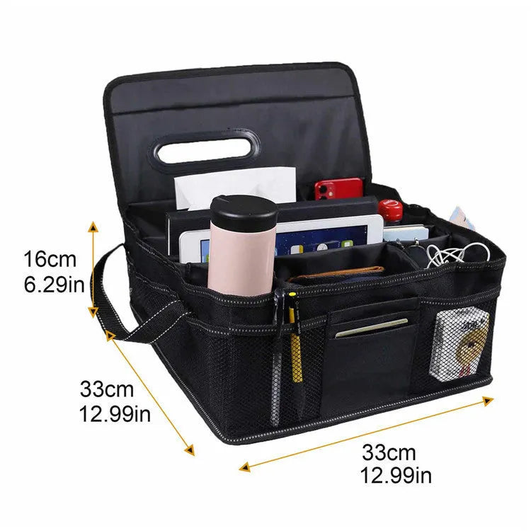 Black oxford cloth car trunk storage box with carry handle, 33cm dimensions