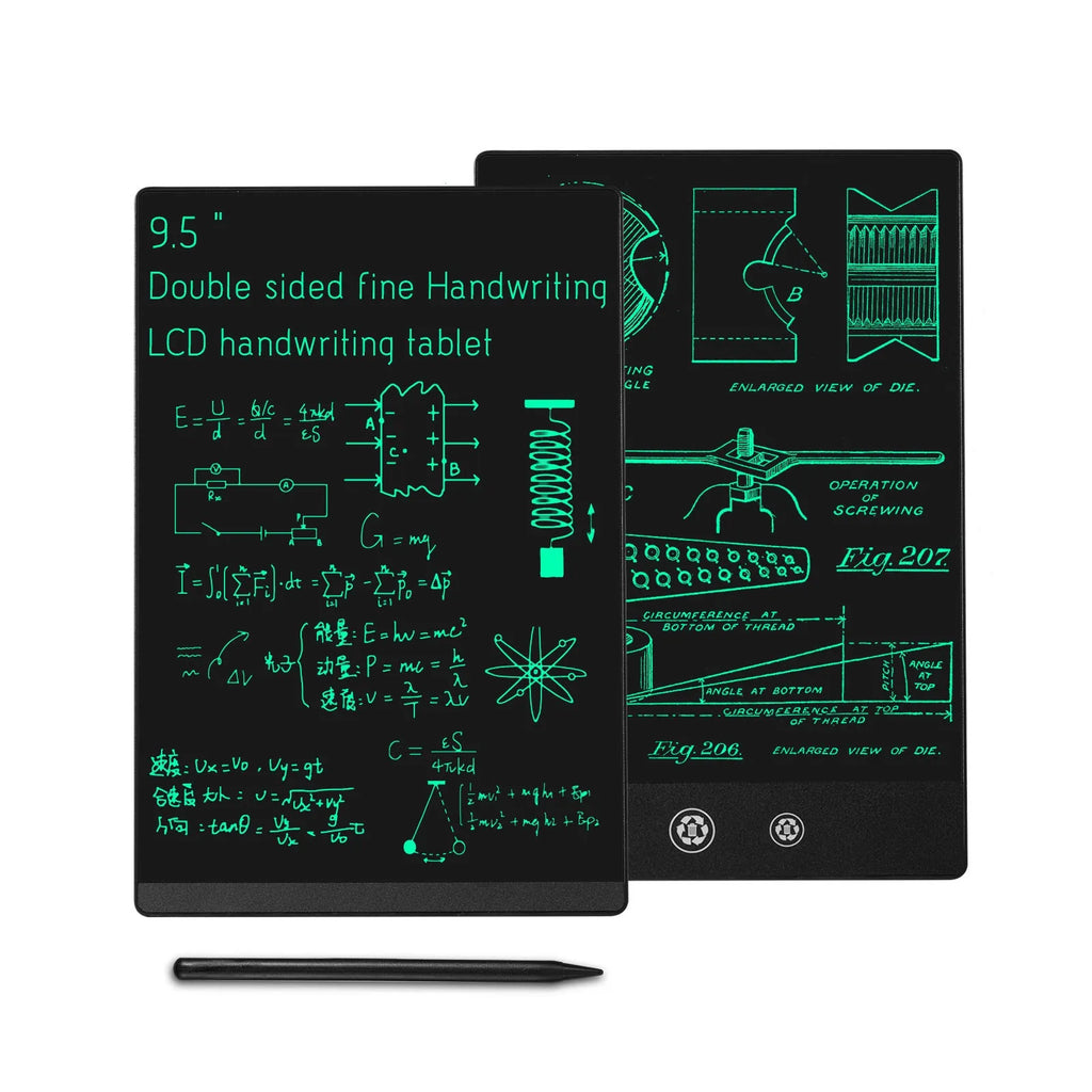 Single colour double-side LCD handwriting board 9.5 inch in white with pen on surface