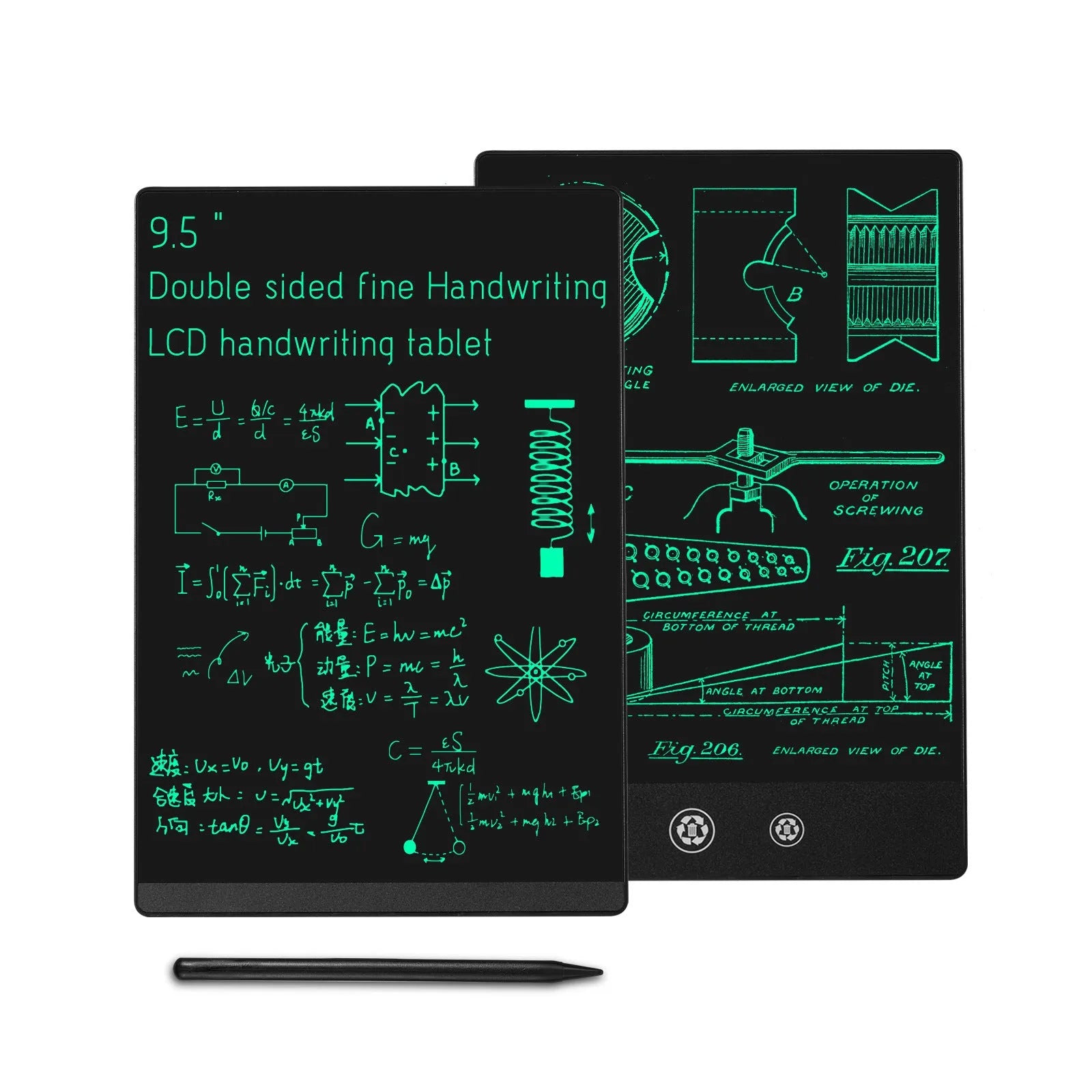Single colour double-side LCD handwriting board 9.5 inch in white with pen on surface