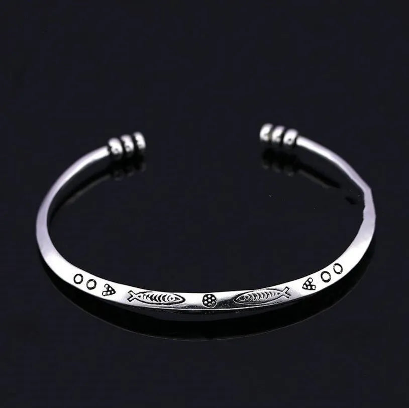 Women's Chinese retro style 925 silver opening bracelet with fish motif design in multiple colour options