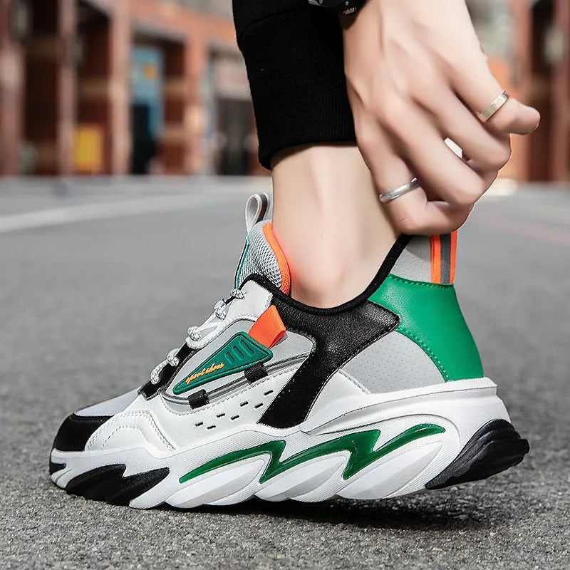 Men's PU leather sports casual shoes in green or orange with colour matching, sizes 39 to 44