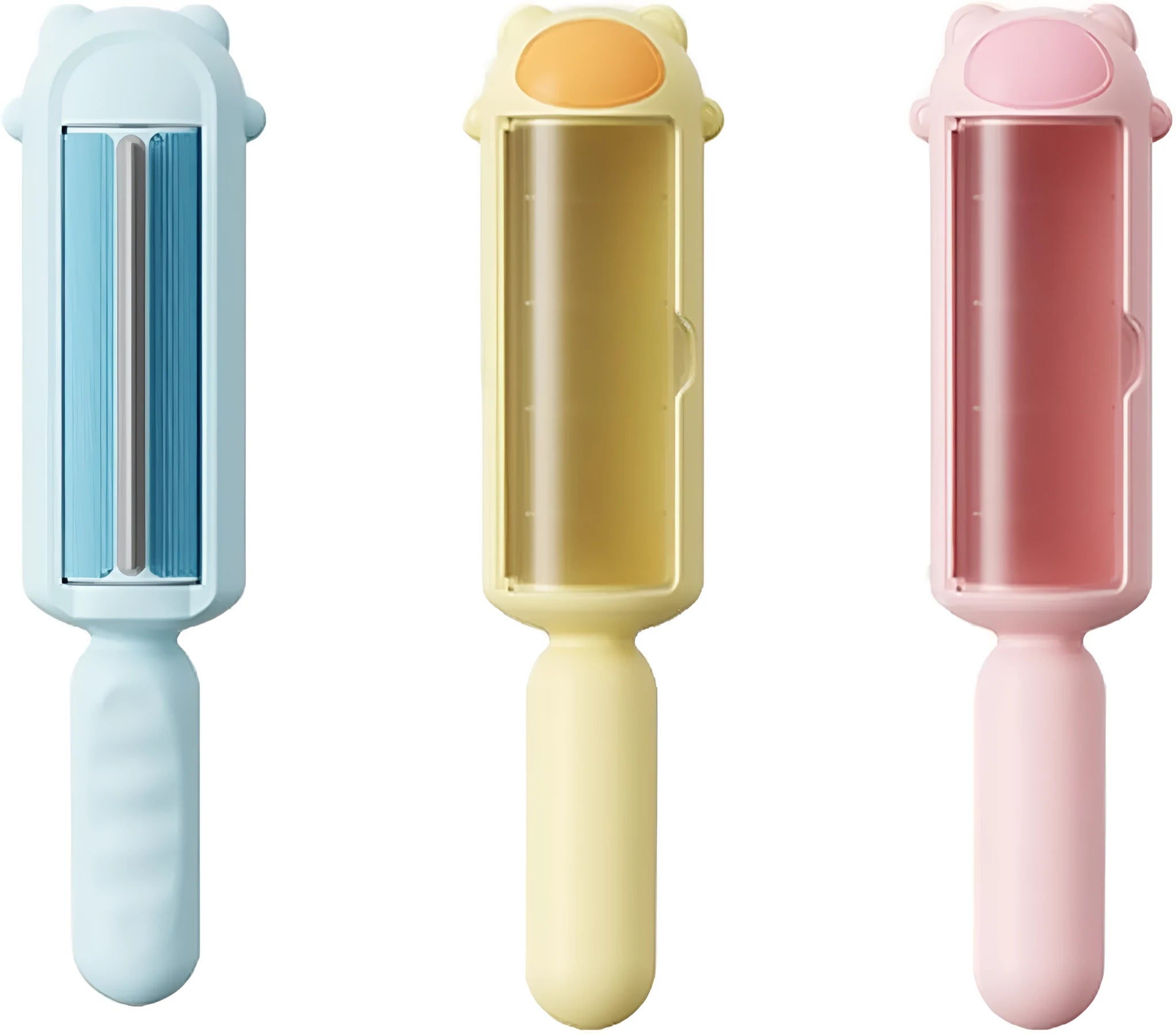 Blue reusable pet hair roller with self-cleaning base for furniture and car seats.