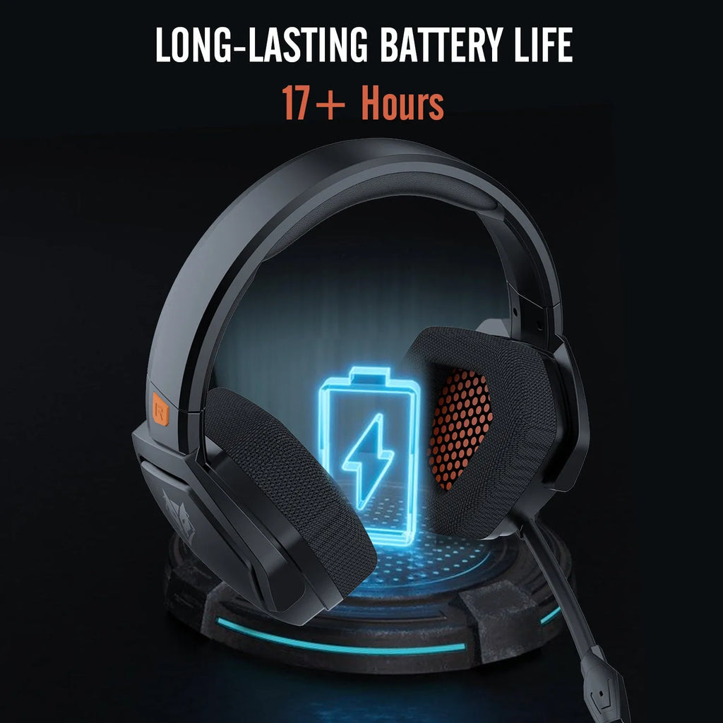 Black and orange wireless gaming headset with over-ear cups and a built-in microphone.