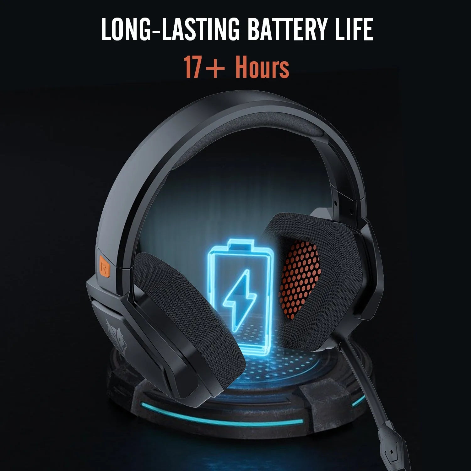 Black and orange wireless gaming headset with over-ear cups and a built-in microphone.