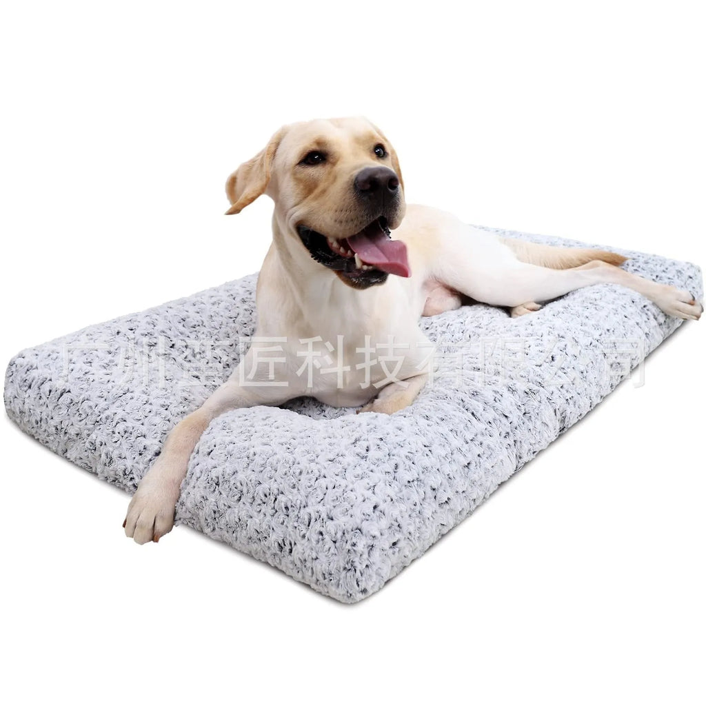 Light gray embossed velvet dog bed for small to large pets on a wooden floor