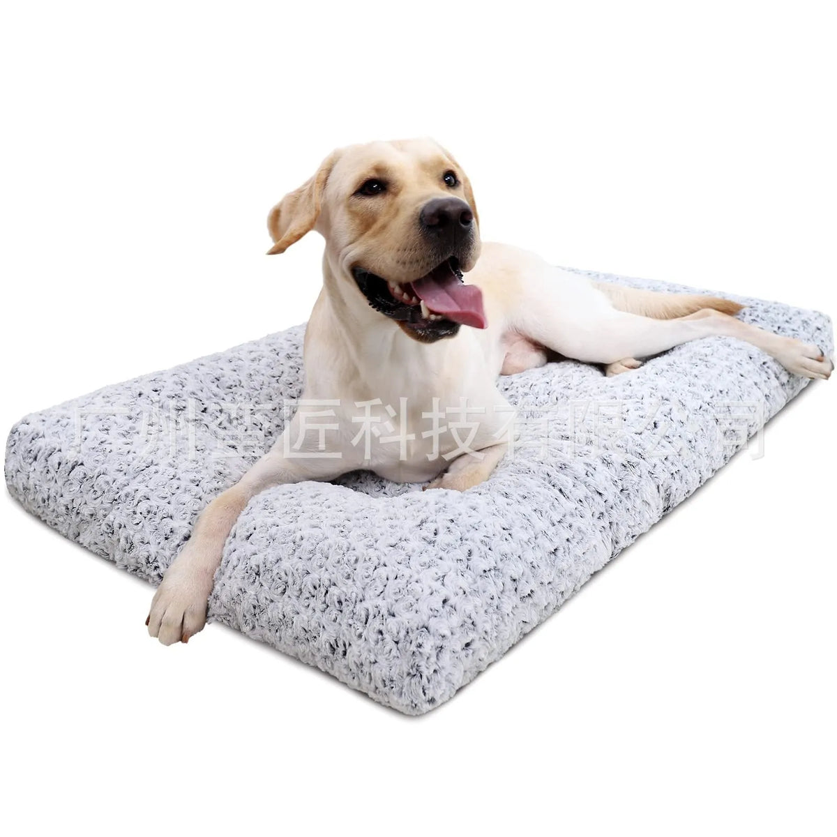 Light gray embossed velvet dog bed for small to large pets on a wooden floor