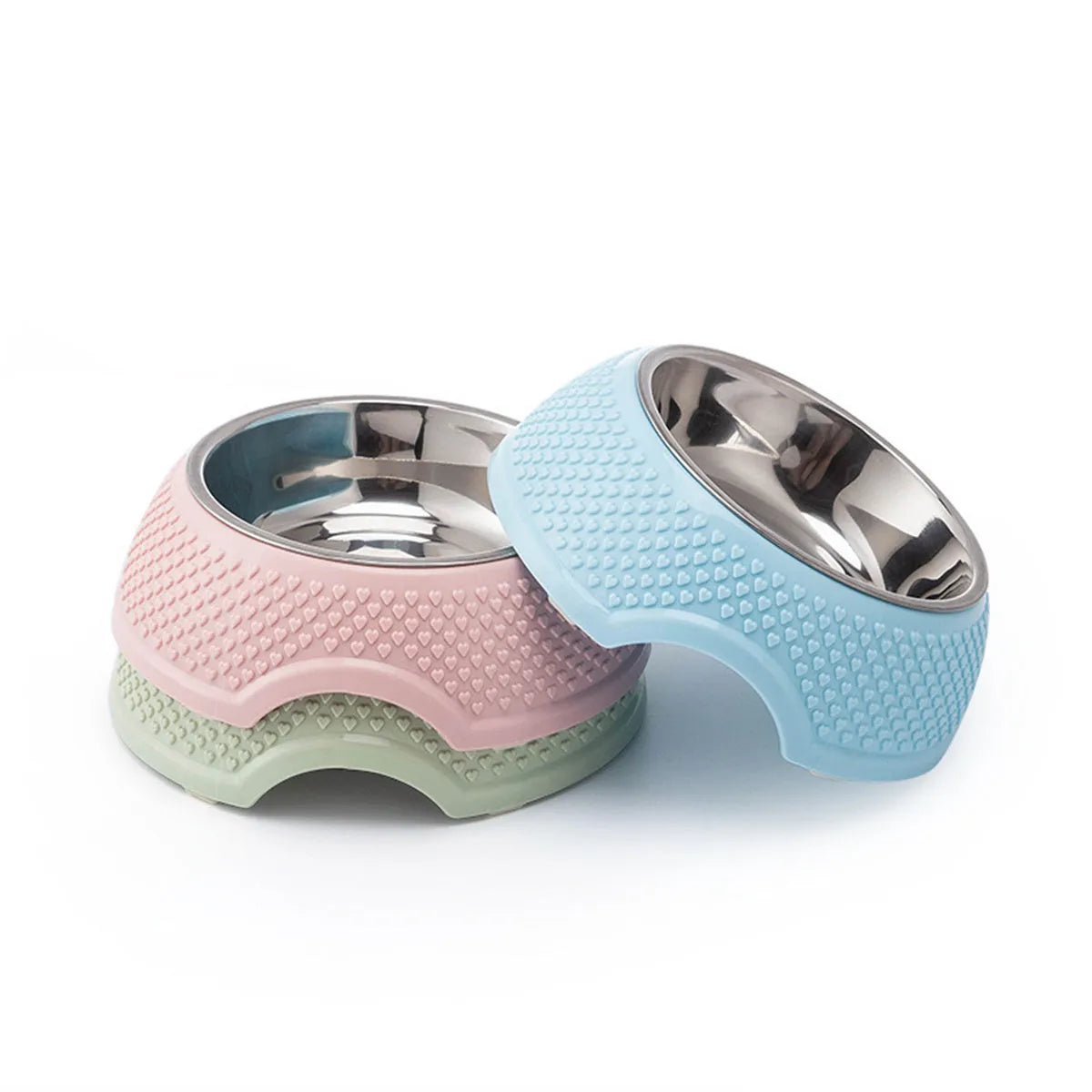 Blue stainless steel pet bowl with a non-slip base for cats and dogs on a floor.