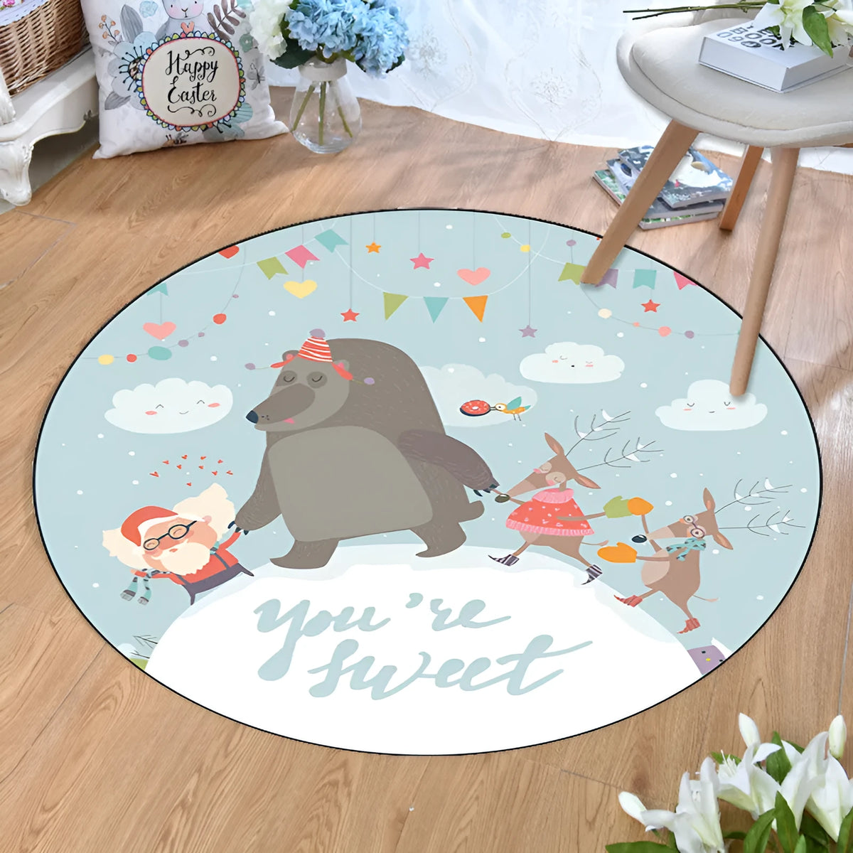 Cartoon crystal velvet round carpet with anime print in multiple colours, 60x60cm to 200x200cm sizes