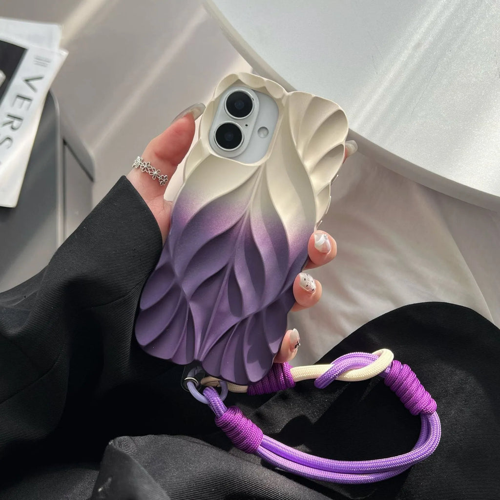 Ins style leaf pattern gradient TPU phone case with wristband in purple gray colour for iPhone 14 Pro Max