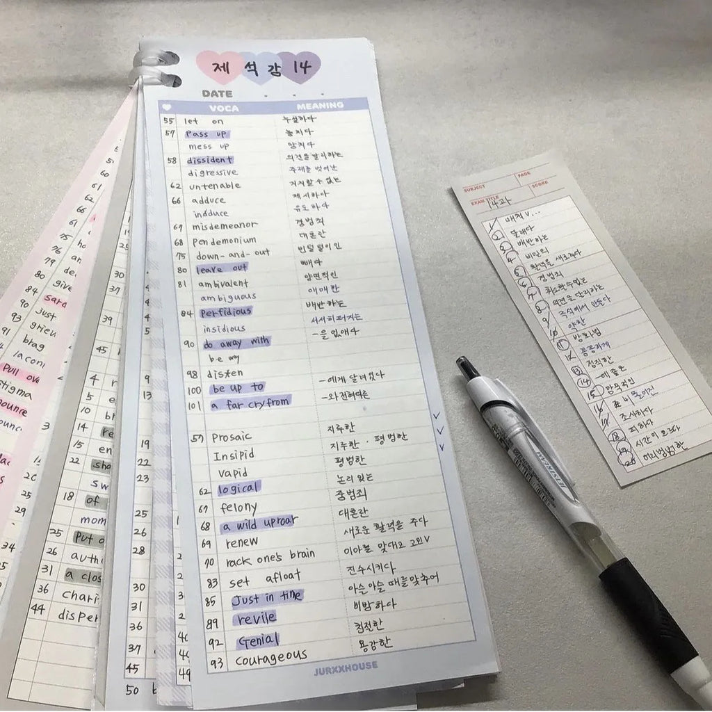 Vertical B5 half-size notepad in blue, pink, or purple cover, showing double-sided pages.