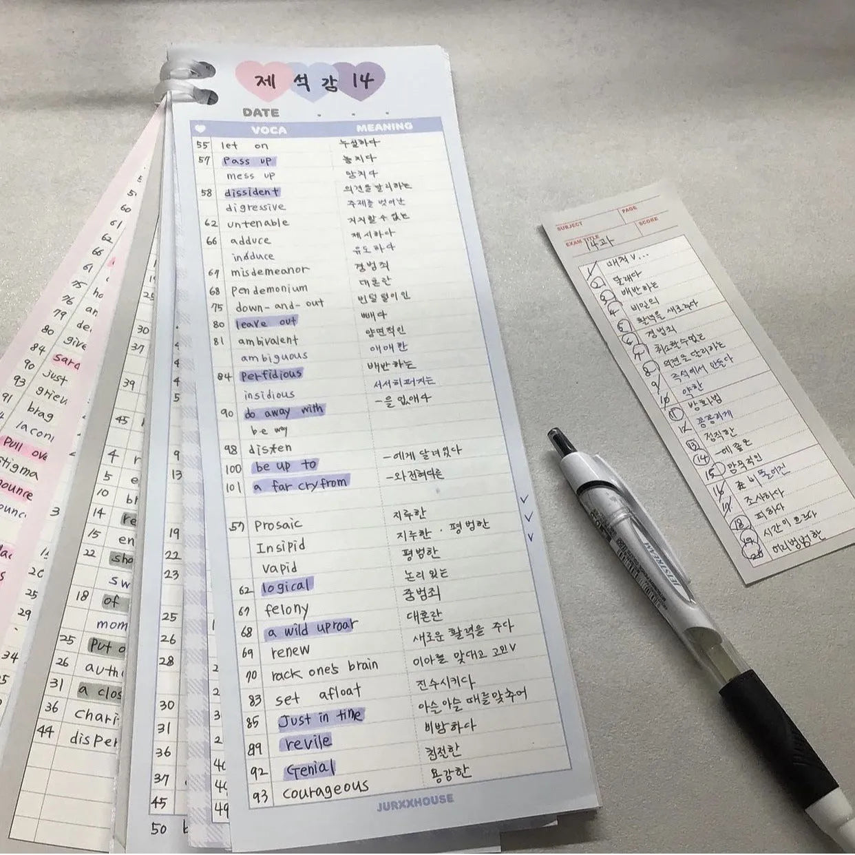 Vertical B5 half-size notepad in blue, pink, or purple cover, showing double-sided pages.