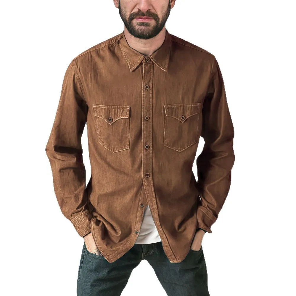 A button-front denim cardigan coat in a choice of khaki, black, blue, or grey.