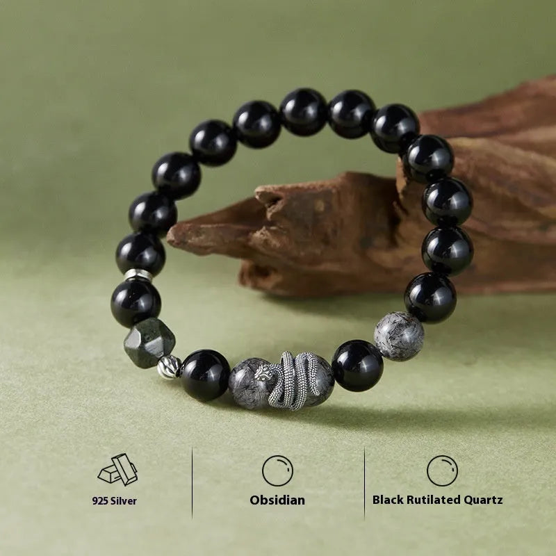 Men's S925 sterling silver bracelet with obsidian black crystal and retro snake design