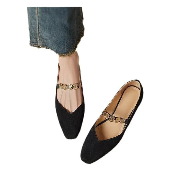 French retro square toe low-cut suede pumps for women in black, low top with rubber sole