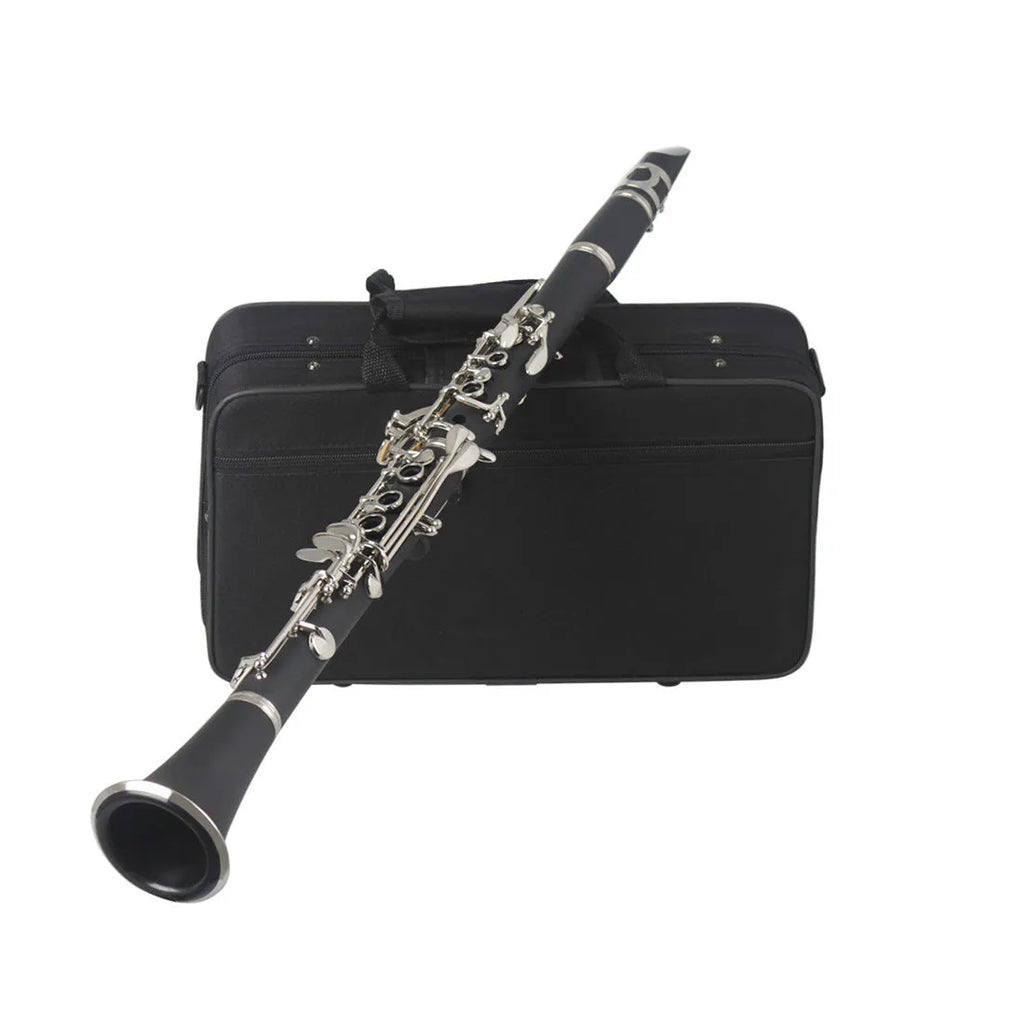Black bakelite beginner clarinet with silver keys and a carry bag