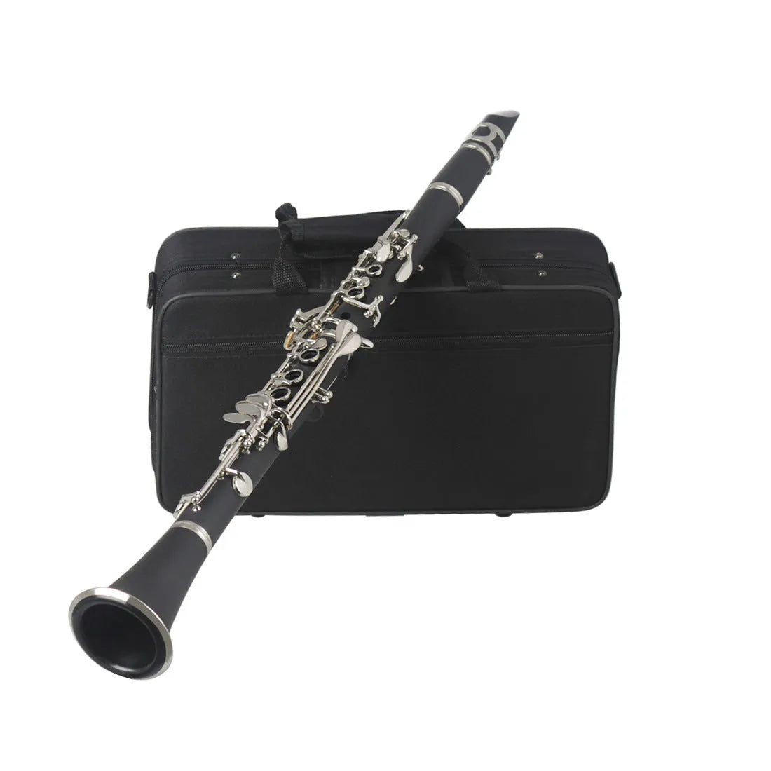 Black bakelite beginner clarinet with silver keys and a carry bag