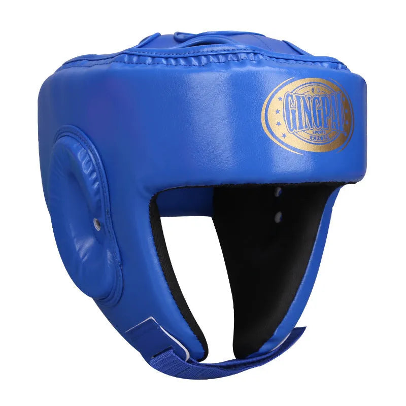 Red fully enclosed boxing helmet with jaw protection for combat training
