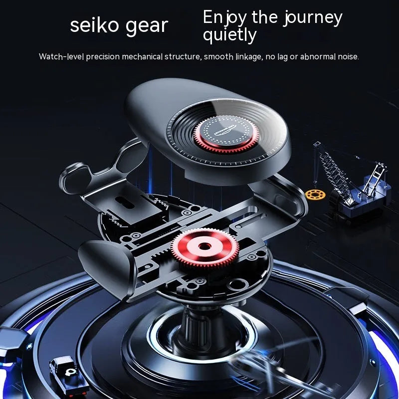 Black car phone bracket mounted on car air vent with mechanical support frame