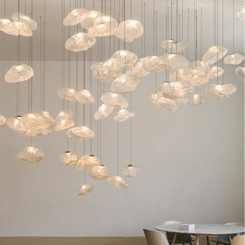 Modern glass fabric chandelier in amber, clear, or smoke grey, available in 200mm and 300mm sizes.
