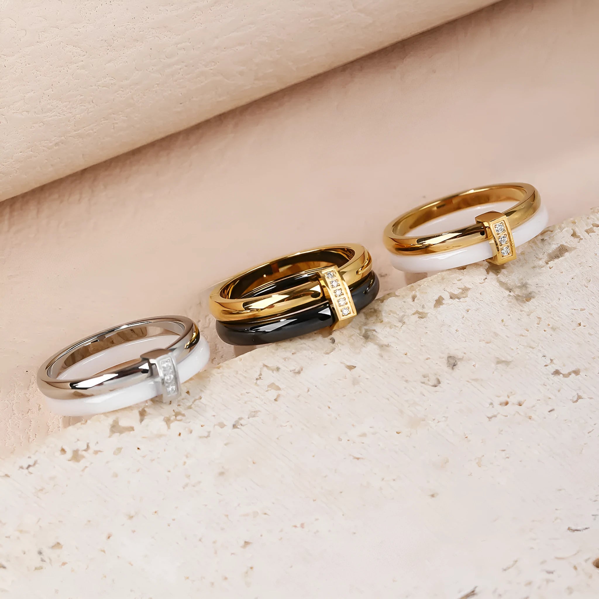 Women's titanium steel heart-shaped double ring with inlaid zirconium stones in gold black finish