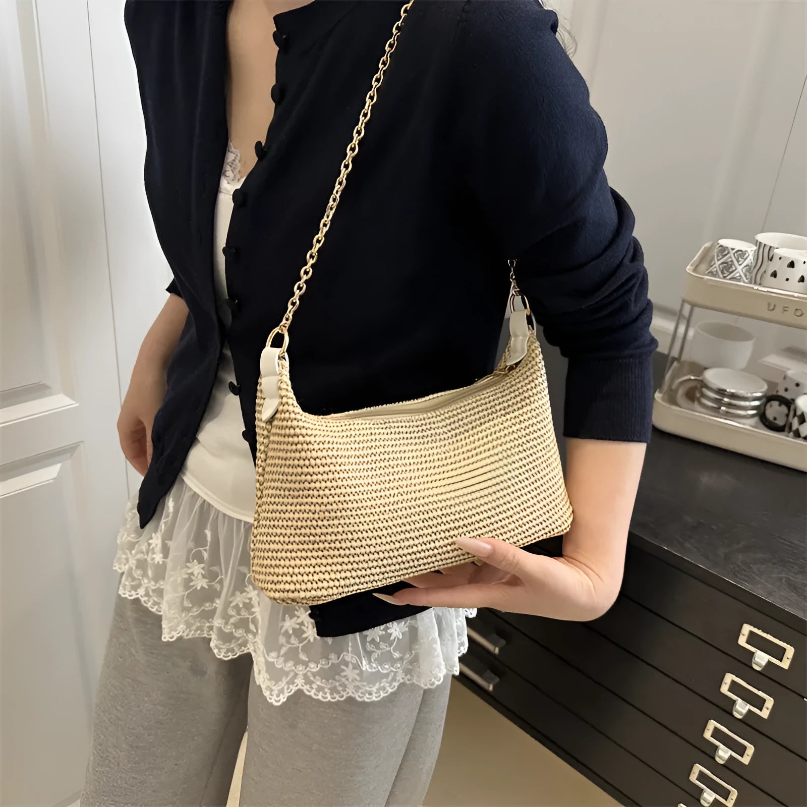 Women's woven straw crossbody bag with internal phone compartment in black, khaki, or white