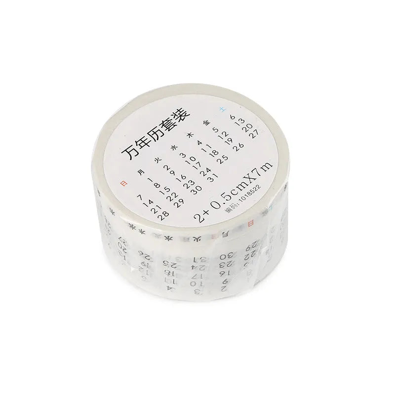 Two rolls of digital hand account tape: one 2cm wide calendar tape and one 0.5cm wide weekly tape, each 7 metres long, on a white background