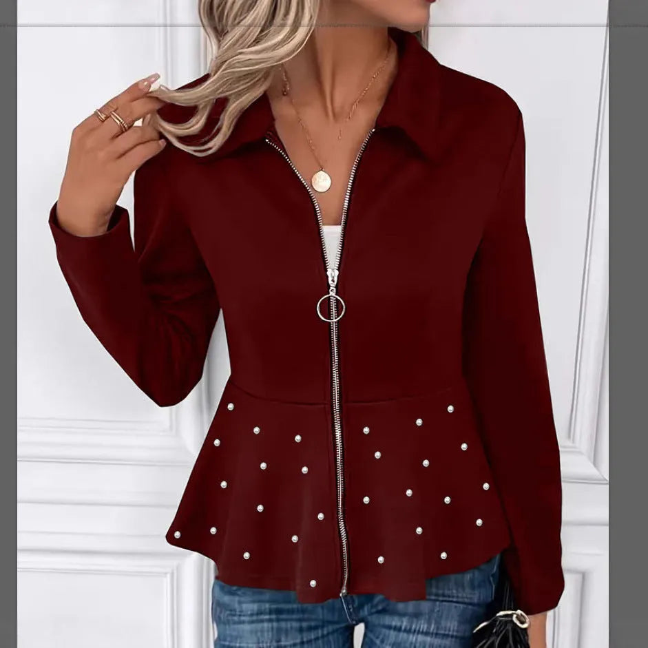 Women's black coat with heavy-duty zipper and ruffled hem, loose fit with long sleeves
