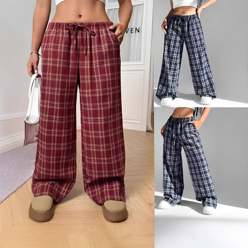 Women's plaid drawstring trousers with multiple pockets in red or blue colour
