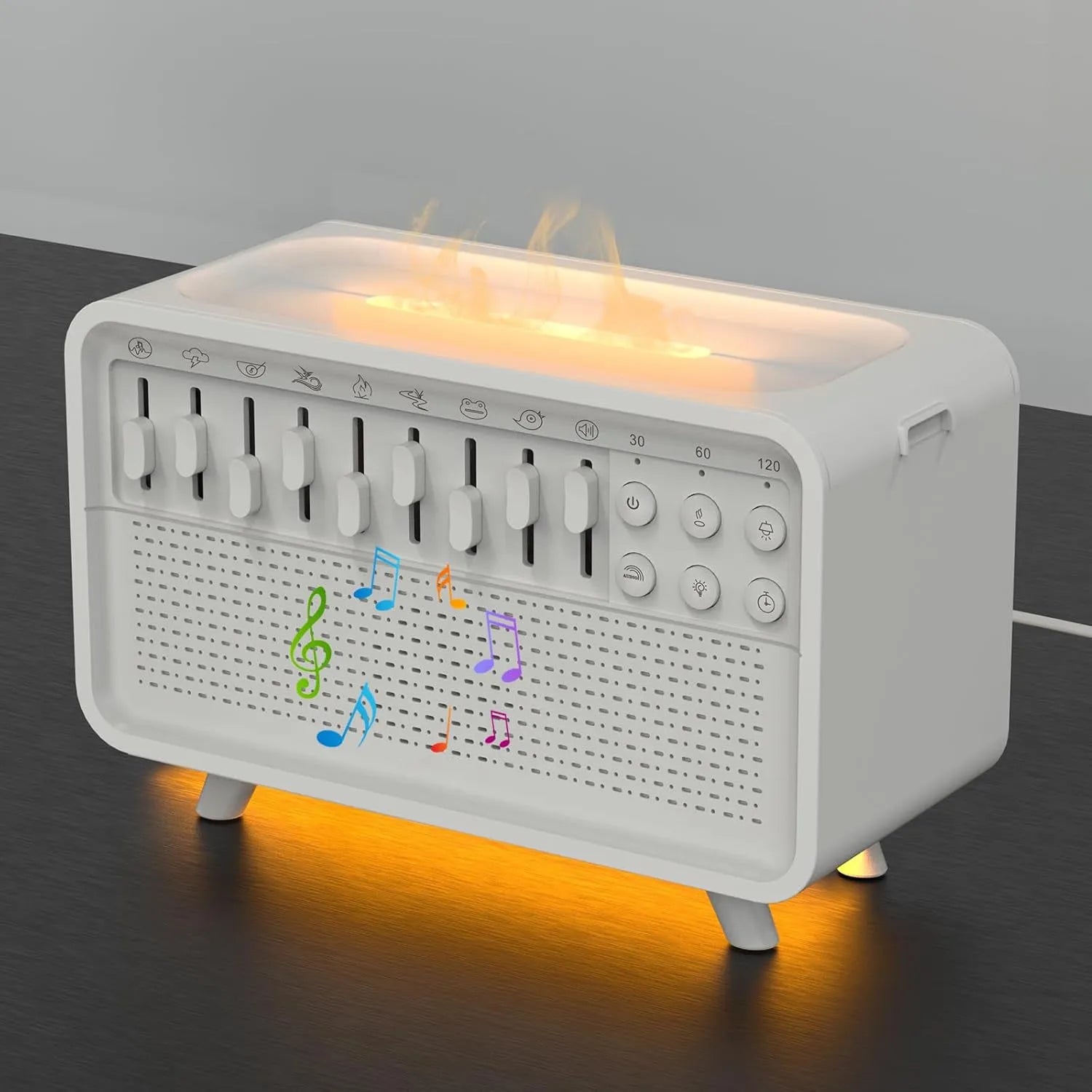 White geometric 3-in-1 Bluetooth speaker, white noise machine, humidifier, and night light unit on a surface