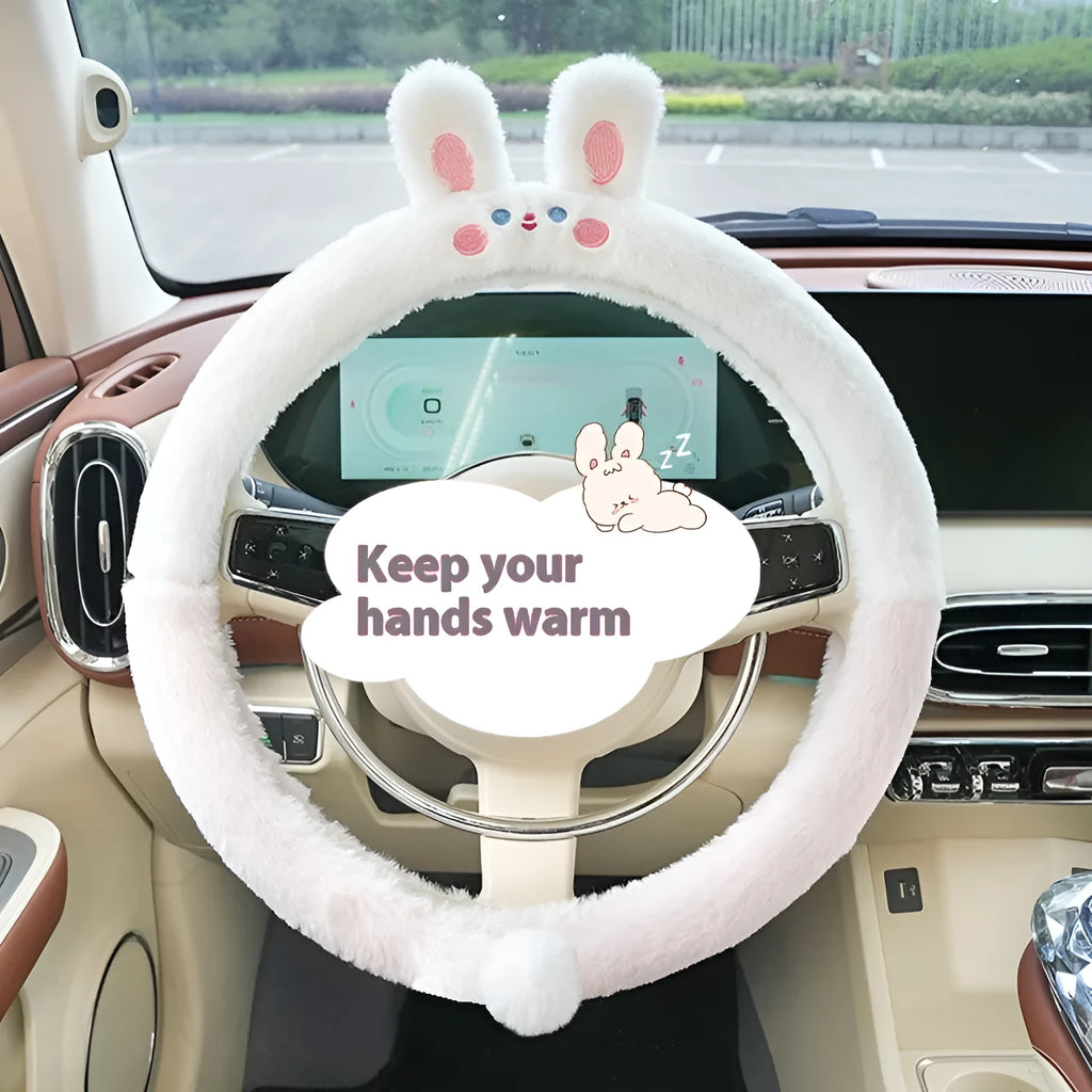 Rabbit fur plush steering wheel cover with embroidered panda, fitted on a 38cm car steering wheel.
