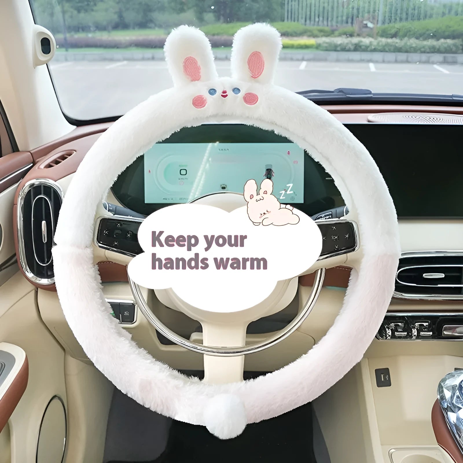 Rabbit fur plush steering wheel cover with embroidered panda, fitted on a 38cm car steering wheel.