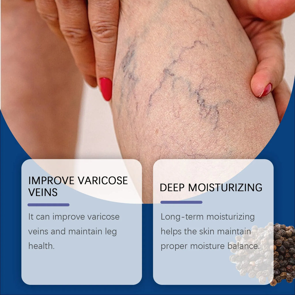 30ml bottle of leg care spray with spray nozzle, labelled with ingredients menthol, ginger, and horse chestnut.
