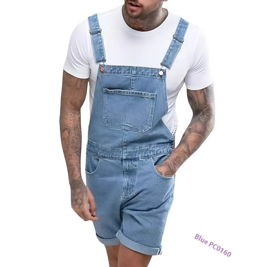 Men's grey denim suspender pants with a zip fly and straight-leg cut on a hanger.