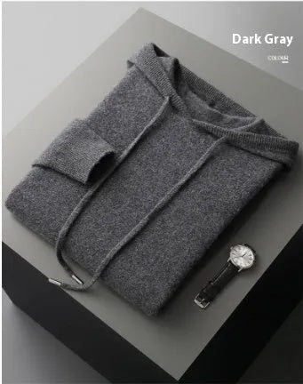 Men's light grey cashmere hoodie and matching trousers casual set laid flat.