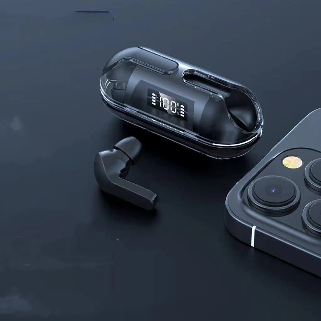 Air13 Pro fully transparent Bluetooth earphones with charging case in four colours: black, light green, pink, white
