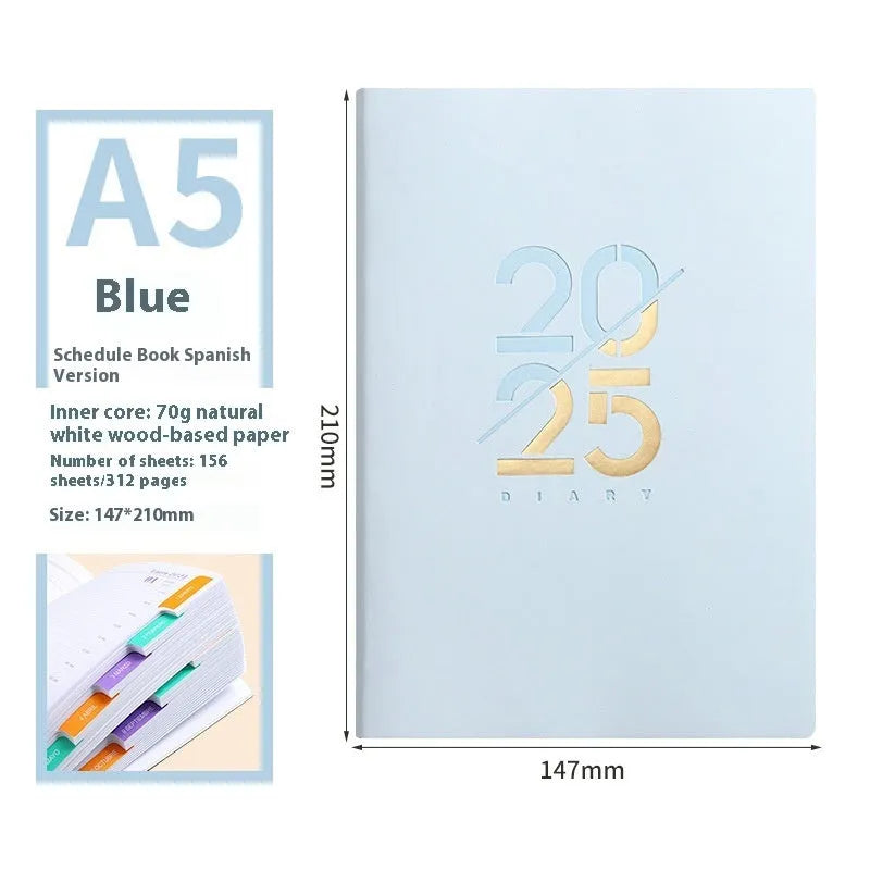 A5 2025 daily planner notebook with soft faux leather cover in multiple colours, open to show lined pages.