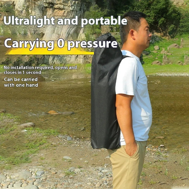 Beige portable folding chair with steel frame and Oxford cloth seat, unfolded for outdoor use.