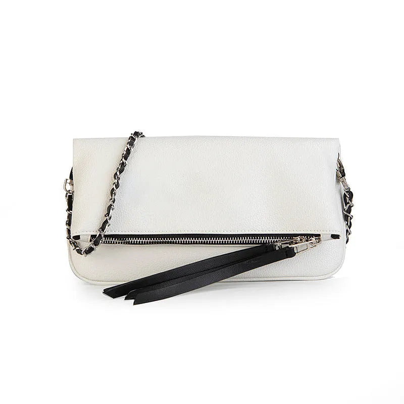 Women's black chain folding clutch messenger bag with detachable strap and gold hardware