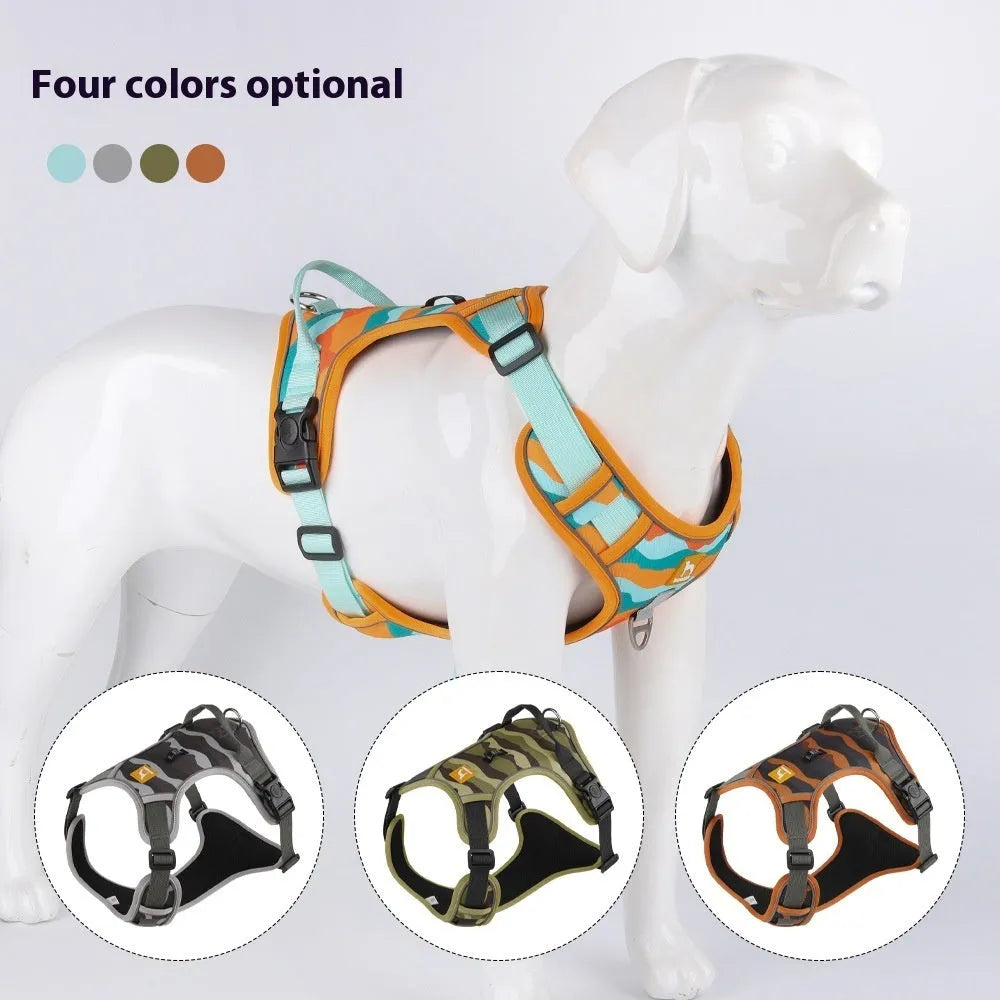 Orange reflective dog harness and hand-hold lead on a grassy background.