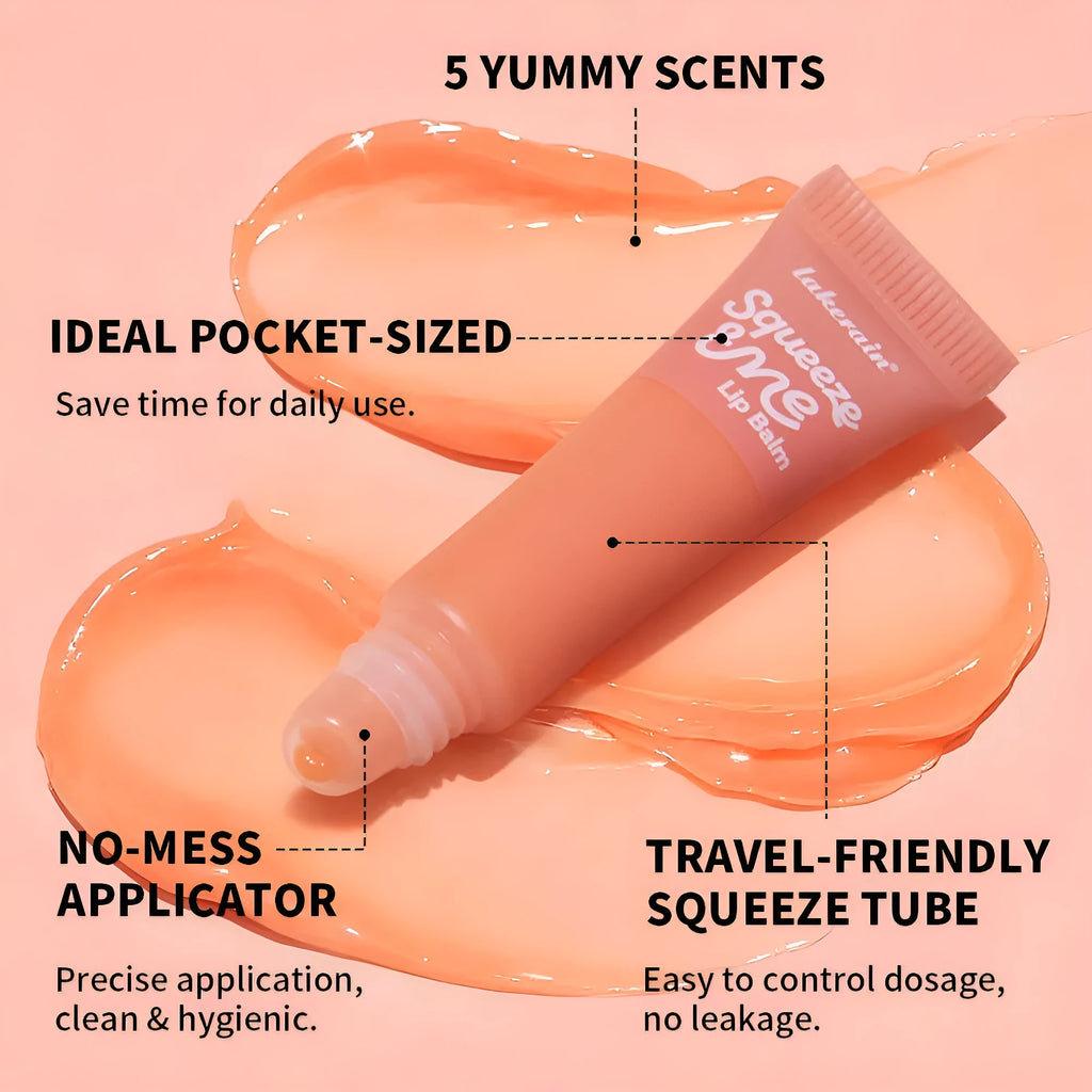 6g squeeze lip balm tube with sweet fruit flavours including Grape, Honeydew, Peach, Strawberry, and Vanilla Frosting.