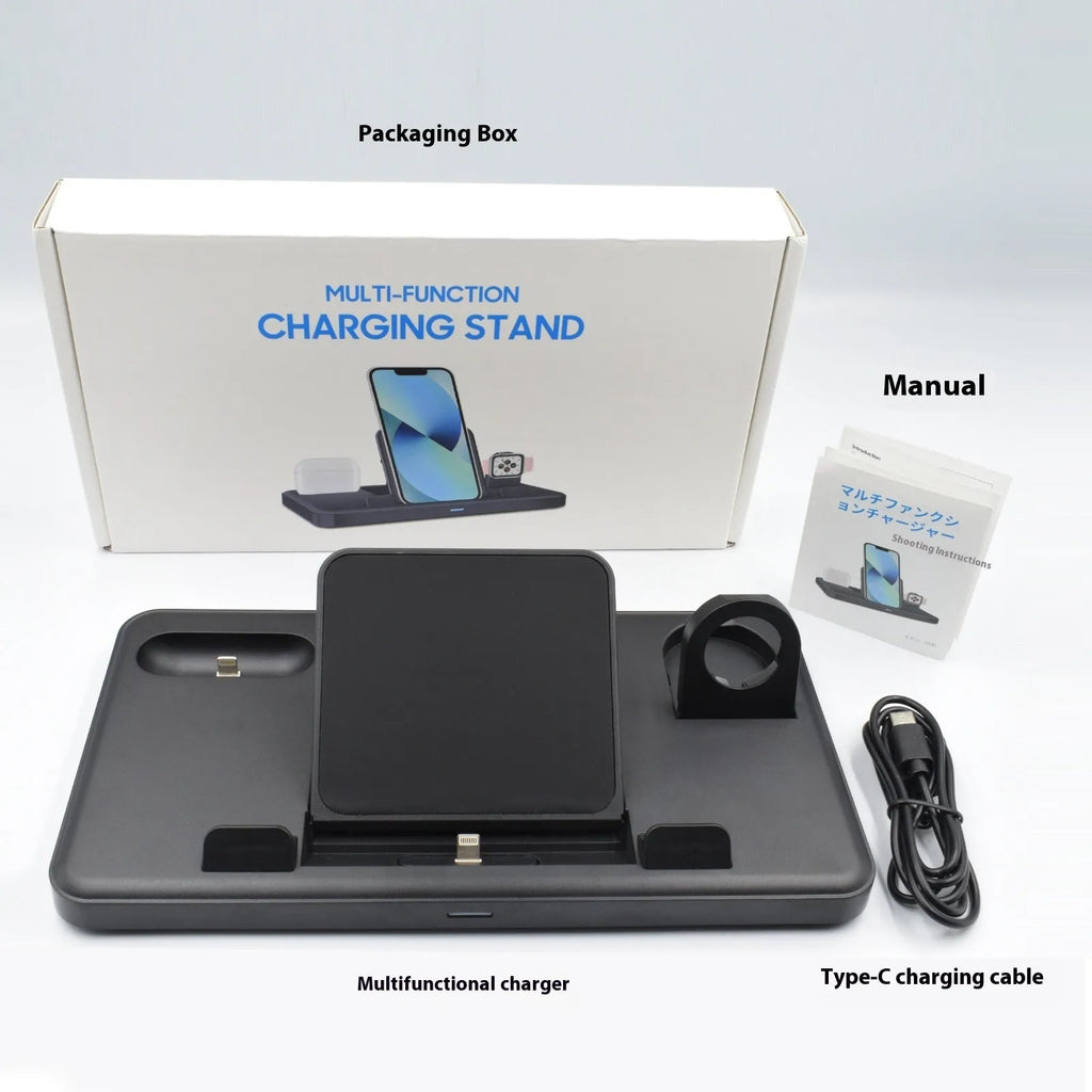 Black ABS three-in-one charging base with phone in upright bracket and tablet on pad