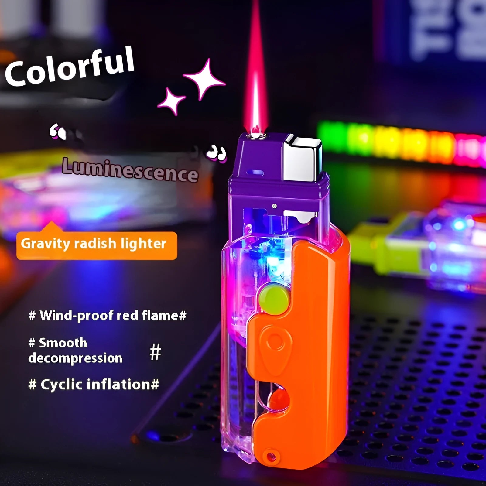 Colourful plastic radish-shaped lighter with bare metal components in green, orange, or purple options